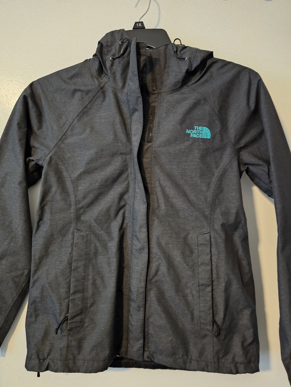 The North Face Dark Gray Hooded Rain Jacket with Teal Logo Small
